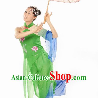 Ancient Chinese Green Snake Umbrella Dance Costumes and Headwear Complete Set