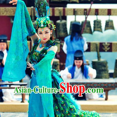 Ancient Chinese Peacock Dance Costumes and Headdress Complete Set