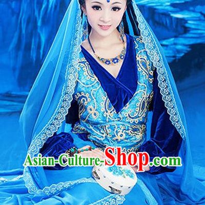 Ancient Chinese Ethnic Dance Costumes and Headwear Complete Set