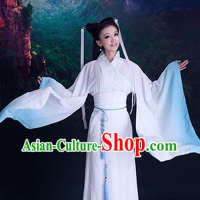 Ancient Chinese Fairy White to Blue Color Transition Hanfu Clothes for Women