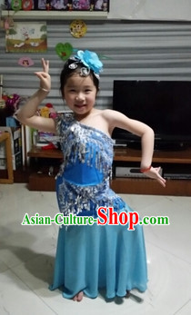 Traditional Chinese Blue Peacock Dance Costumes and Headdress for Kids