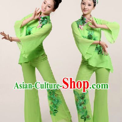 Traditional Chinese Green Fan Dancing Suit Complete Set