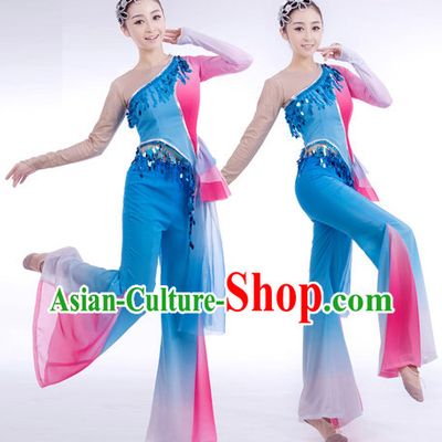 Traditional Chinese Blue Ribbon Dancing Suit Complete Set for Women