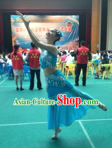 Traditional Chinese Blue Peacock Dance Costumes and Headdress for Adults or Children