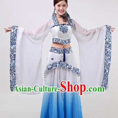 Top Chinese Blue and White Classical Dancing Costumes and Headwear Full Set for Women