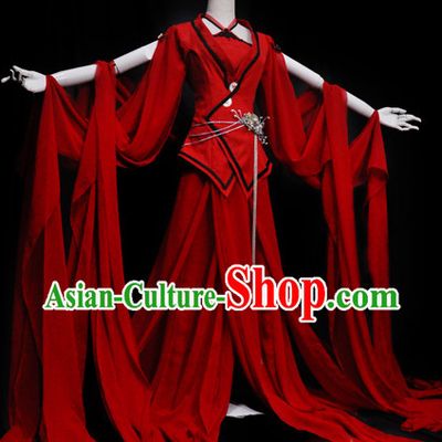 Ancient Chinese Red Princess Wide Sleeves Hanfu Clothes and Accessories Complete Set
