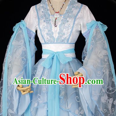 Ancient Chinese Blue Butterfly Fairy Outfit and Necklace Complete Set