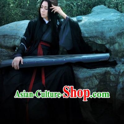 Ancient Chinese Plum Blossom Embroidered Black Poet Musician Clothes Complete Set