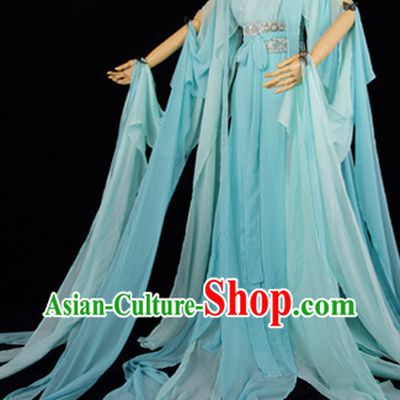 Traditional Chinese Sky Blue Hanfu Dresses with Long Tail