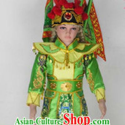 Green Beijing Opera Stage Performance Costumes and Headwear with Flags
