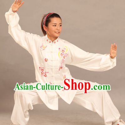 Long Sleeves White Silk Martial Arts Competition Clothes
