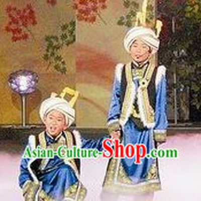 Folk Chinese Qiang Ethnic Dancing Costumes and Hat Complete Set for Kids