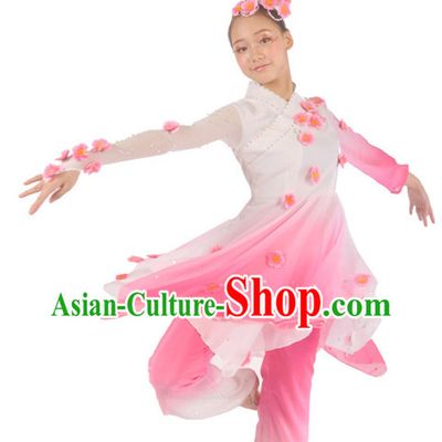 Traditional Chinese Peach Flower Dancing Costumes and Headwear for Women