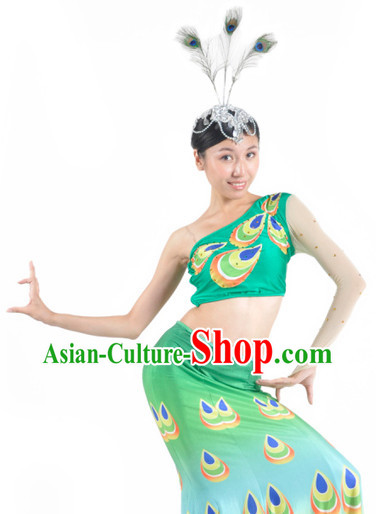 Professional Stage Performance Peacock Dance Costumes and Headwear