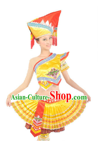 Chinese Zhuang Ethnic Female Clothes and Hat