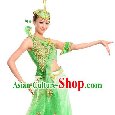 Chinese Classical Dai Nationality Peacock Dancing Costumes and Headdress for Women