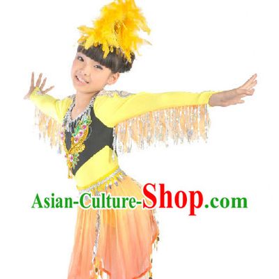 Chinese Folk Dancing Dress and Headdress for Kids