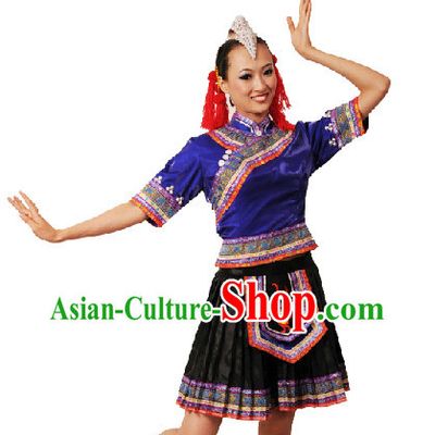 Chinese Yi Nationality Dancing Dress and Headdress for Women