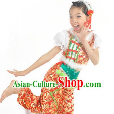 China Children Fan Dance Costume and Headdress