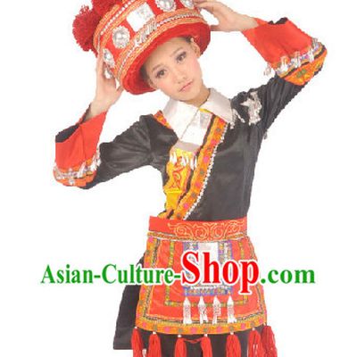 Chinese Deang Nationality Ethnic Clothes and Hat for Girls