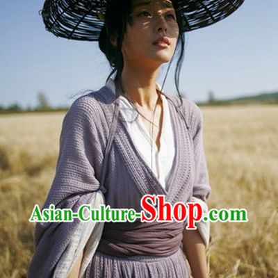 Chinese Mandarin Style Bamboo Hat and Hanfu Dresses Complete Set