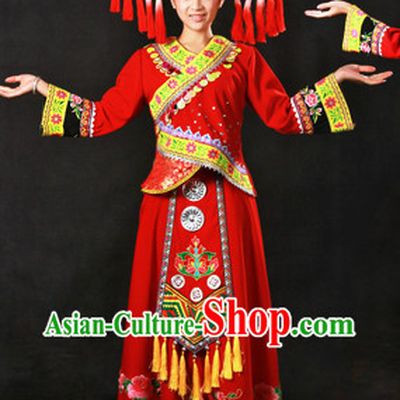 Chinese Zhuang Ethnic Minority Wedding Dress and Hat Complete Set for Brides
