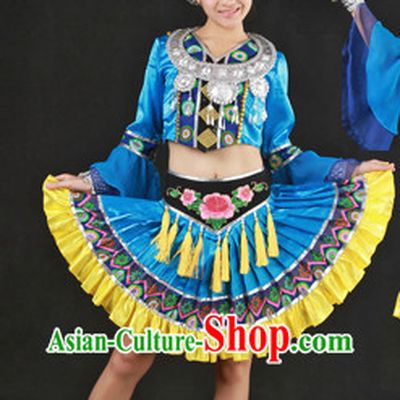 Blue China Miao People Ethnic Dresses and Hat Complete Set