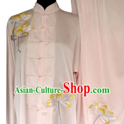 Professional Pink Lotus Embroidery Kung Fu Tai Chi Silk Uniform