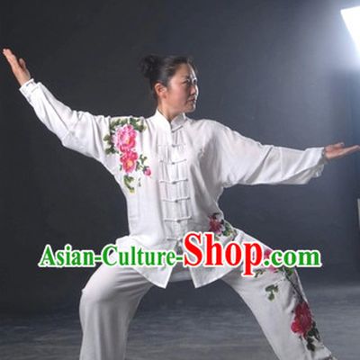 Top White Hands Painted Peony Martial Arts Tai Chi Silk Clothes