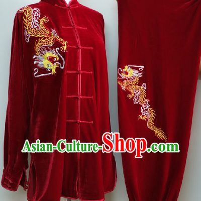 Traditional Red Winter Wear Dragon Embroidery Kung Fu Suit