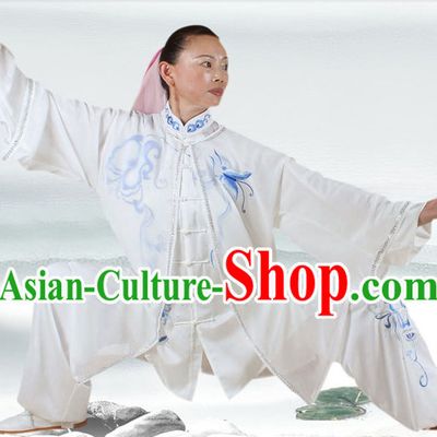 Traditional White Butterfly Embroidery Kung Fu Suit and Cape Complete Set