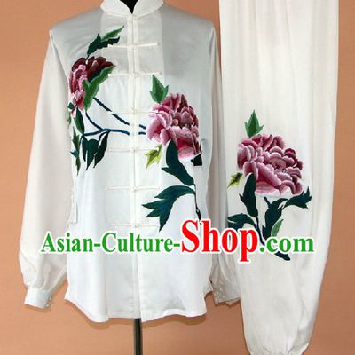 Embroidered Peony Silk Kung Fu Uniform Complete Set