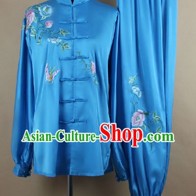 Traditional Chinese Blue Flower and Butterfly Martial Arts Uniform Complete Set