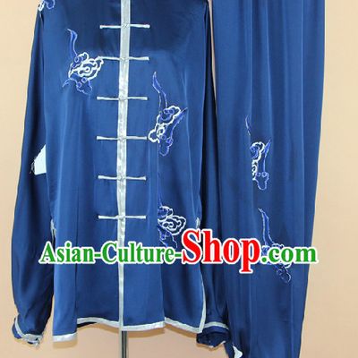 Traditional Chinese Blue Embroidered Martial Arts Uniform Complete Set