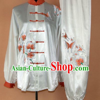 Traditional Chinese White Embroidered Flower and Butterfly Martial Arts Uniform Complete Set