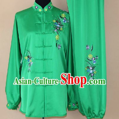Traditional Silk Green Kung Fu Competition Uniforms Complete Set