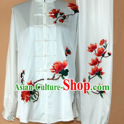 Traditional White Silk Flower Embroidery Martial Arts Competition Suit Complete Set