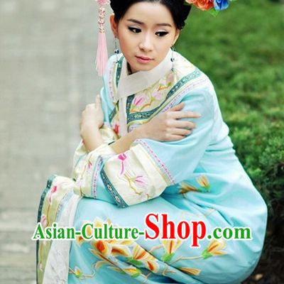 Qing Dynasty Manchu Chinese Traditional Princess Dress and Hair Ornaments Complete Set