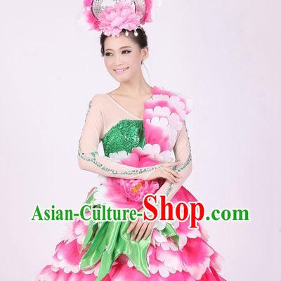 Chinese Floral Dance Costumes and Headwear Complete Set