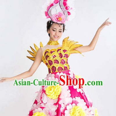 Stage Floral Dance Costumes and Headwear Complete Set