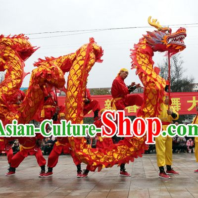 NEW 18 Meters Ten Adults Competition and Parade Red Gold Dragon Dance Costume Complete Set