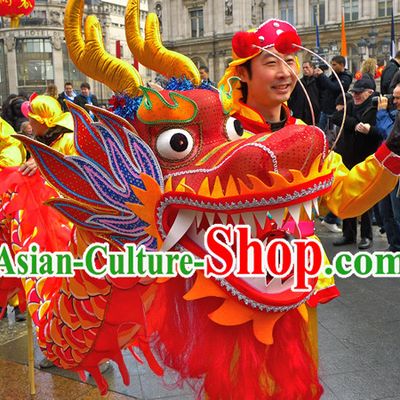Traditional Chinese Red Dragon Dance Costumes for Four People