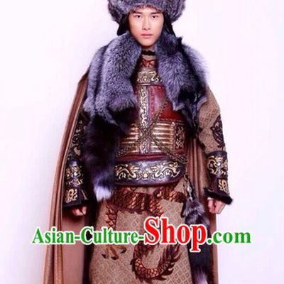 Ancient Chinese National Minority Mongolian Khan Costumes and Hat Complete Set
