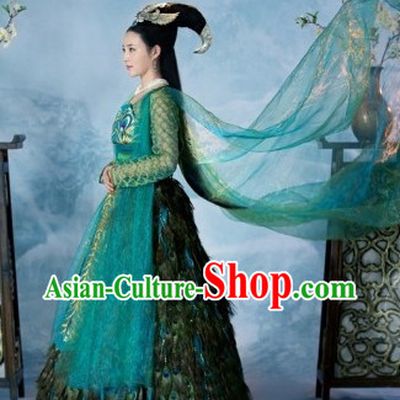 Ancient Chinese Peacock Feather Princess Costume and Hair Accessories Complete Set