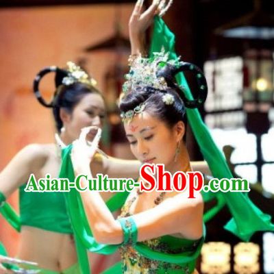 Chinese Green Classical Dance Costumes and Hair Accessories