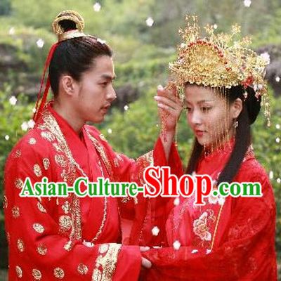 Chinese Classic Red Wedding Suits Men and Women 2 Complete Sets