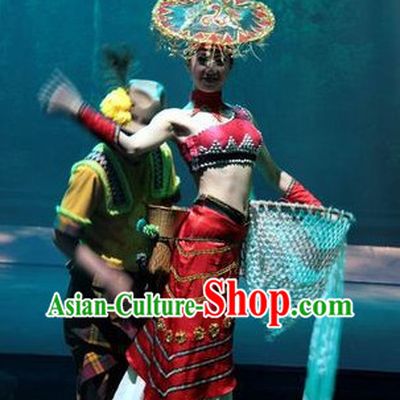 China Ethnic Dance Costumes and Hat Complete Set