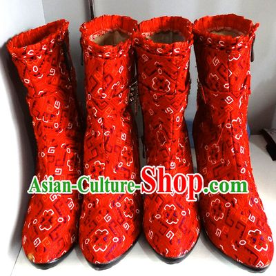 Traditional China Miao Ethnic Embroidery Red Boots for Women