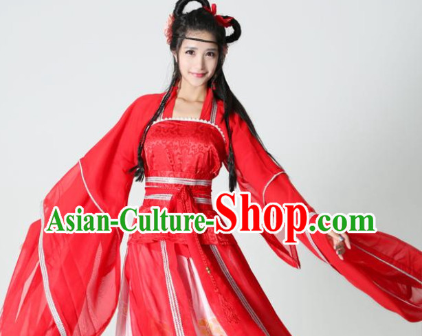 China Red Fairy Wide Sleeves Classical Dance Costume Complete Set