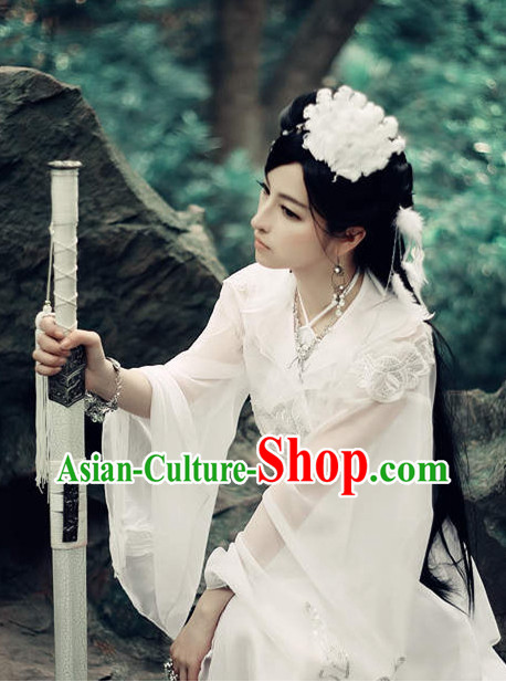 Romantic Wedding White Hanfu Dress and Hair Jewelry for Girls